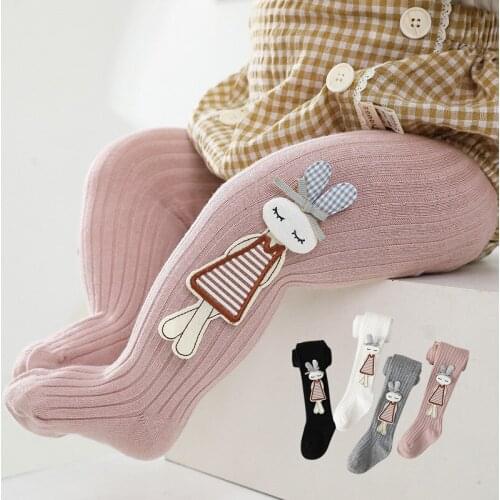 Cotton Tights for Girls Winter Warm Children Pantyhose Striped Ribbed Baby Girl Toddler Tights Cute Cartoon Rabbit Infant Tights