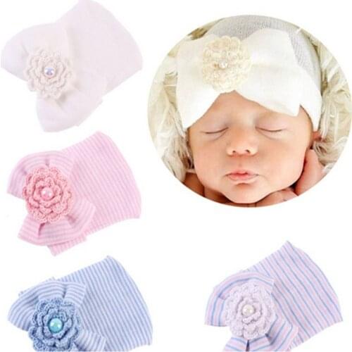 Crochet Cute Newborn Caps Baby Girls Boys Infant Girl Toddler Comfy Bowknot Hospital Cap Striped Beanie Hat 0-3M