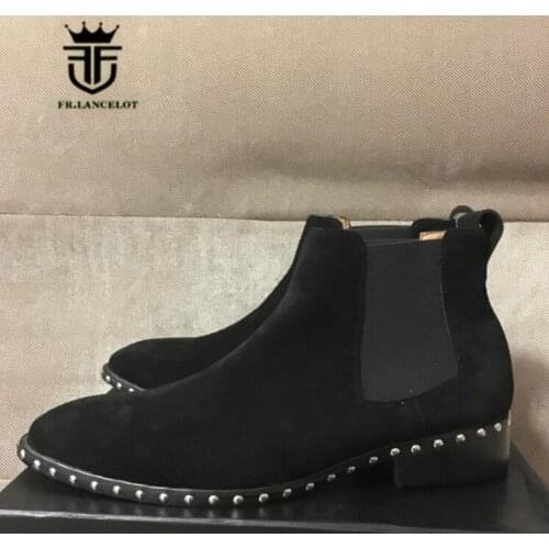 FR.LANCELOT 2020 pointed toe men leather boots brand desigh men fashion boots slip on mujer bota spike stud chelsea booties