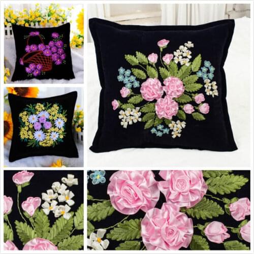 Flower Ribbon Embroidery Kits Black Cushion Pillow Case Cover Needlework Cross Stitch Kits Handmade Craft Sewing Home Decor