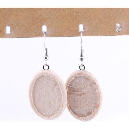 Onwear 5pairs blank wooden oval cabochon earring base settings 18x25mm dia stainless steel earrings hooks connector findings