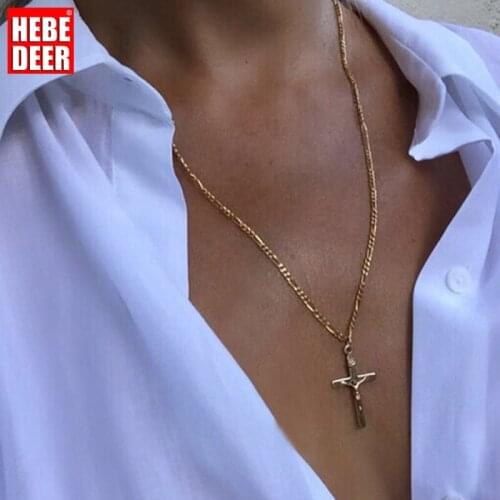 HebeDeer Trendy Girls Necklace Chain Women Gold Color Cross Classic Alloy Jesus Necklaces Jewelry Lovers Collier