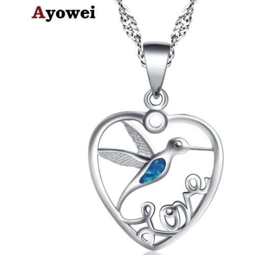 925 Sterling Silver Necklace Pendant Heart desgin Bird Animal Blue Fire Opal for girl wedding gift SP19A