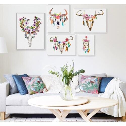 Scandinavian Watercolor Painting On Canvas Deer Skull Poster Wall Art Prints Buffalo Bull Flowers Feather Pictures Home Decor