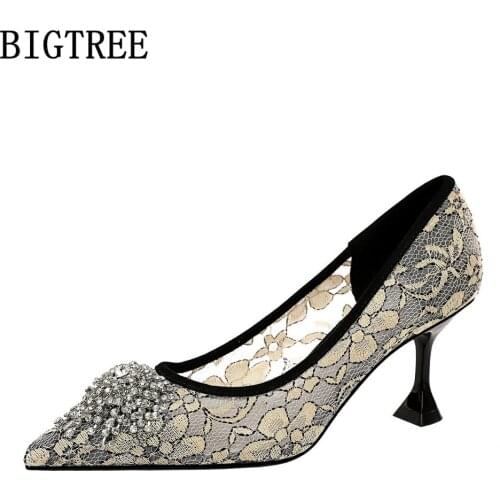 Bigtree Lace Shoes For Women 2021 Heels Sexy Shoes Pumps Wedding Shoes Crystal Black High Heels Luxury Brand Talons Hauts Schuhe