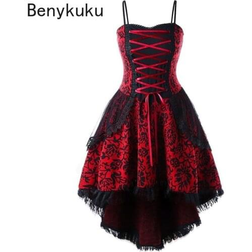 Gothic Retro Sling Lace Up Irregular Dress Red Vintage Victorian Medieval Gown Women Sexy Swing Dresses 5XL Plus Size Clothing