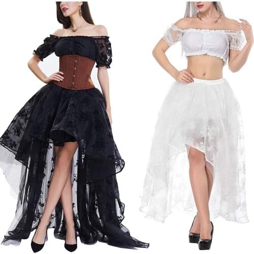 Women Irregular Ruffle Hem Skirt, Floral Embroidery Elastic Waist Tulle Skirt for Summer