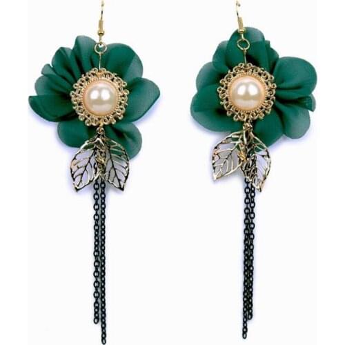 Women`s Fashionable Green Fabric Floral with Goden Leafs Long Chain Tassel Earrings