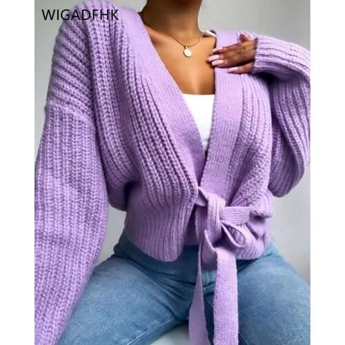 WIGADFHK Autumn Womens Knitted Sweater Cardigan Top Gentle Style Pure Color Jacket Sweet Ladies Long Sleeve V Neck Sweater