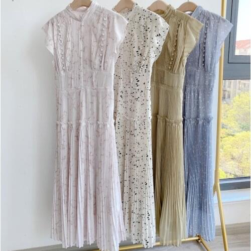 Fresh Elegant Feminino High Waist Woman Dress 2021 Summer Pleated A Line Design Robe Sexy Chic Print Hollow Out Vestidos