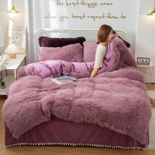 Winter Super Warm Long Plush Bedding Set Fluffy Faux Fur Shaggy Duvet Cover Pompoms Ruffles Bedskirt Pillowcase Set