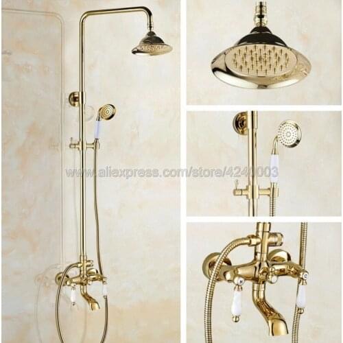 Golden Brass Wall Mounted Shower Faucet Bathroom Rainfall Shower System Set Faucet Tub With Handheld Sprayer Kgf377
