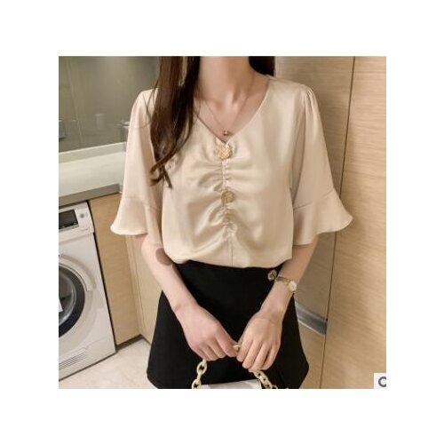1pcs/lot woman chiffon summer v-neck blouse female flare sleeve solid button top
