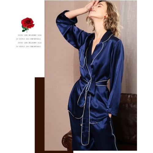 19MM 100% Mulberry Silk Pajamas Set Luxury Fashion Blue New Pyjamas Two-piece Suit Summer Winter 100% Silk Pajama For Women