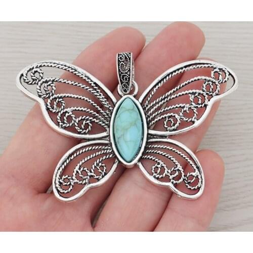 3 x Tibetan Silver Large Filigree Butterfly with Faux Turquoise Stone Charms Pendants for Necklace Jewelry Making Findings