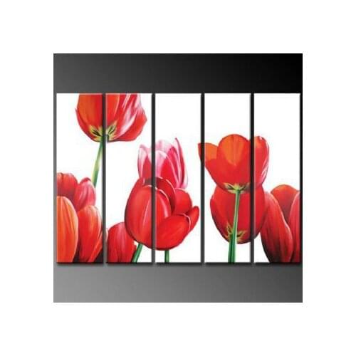 5pcs Hand Painted Oil Painting Modern Canvas Art Wall Decor Tulips In Sun Rays-Floral Oil Painting Wall Art