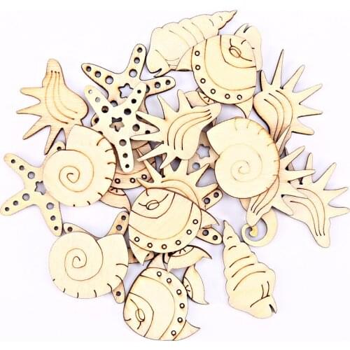 50pcs Natural Marine Lifes Mixed Seahorse Conch Starfish Shark Wooden Cutout Decorations DIY Chips Ornaments Baby Shower Crafts