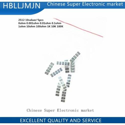 50PCS resistance 2512 SMD Resistor Samples kit 10 values*5pcs=50pcs 0ohm 0.001ohm 0.01ohm 0.1ohm 1ohm 10ohm 100ohm 1K 10K 100K