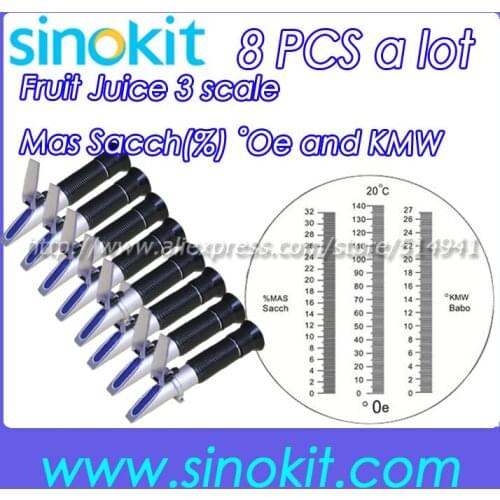 8pcs Per Lot Wholesales Hand held Wine/Oe/Brix 3 scales Refractometer RHB-32sATC