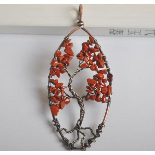 Free Shipping 89X40MM Oval Copper Handmade Wire Wrap Tree of life Natural Stone Red Stone Pendant Bead 1Pcs K2082