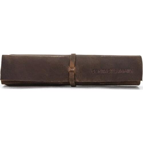 T3EE Retro Pencil Case Handmade Genuine Leather Roll Up Pen Curtain Bag Pouch Wrap