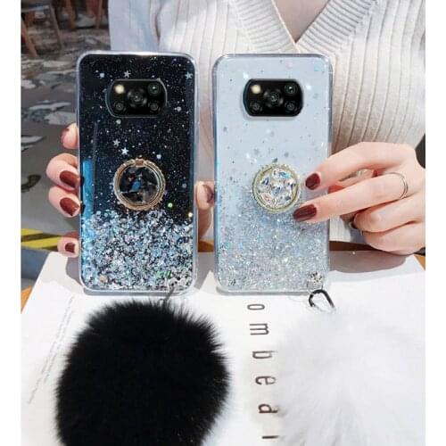 Poco X3 Pro Case Luxury Bling Glitter Holder Cover For Xiaomi Poco F3 M3 F2 Pro Covers PocoX3 X3Pro With Hairball Bumper Funda