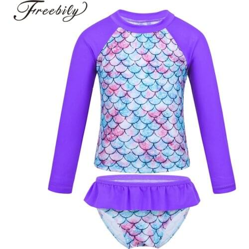 Children Swimwear UPF 50+ Swimsuit Girls Tankini Long Sleeves Fish Scales Printed Tops with Swim Bottoms Rashguard Kids Sets
