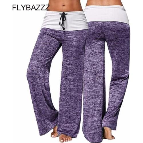 Hot Women Brand High Waist Elastic Wide Leg Sexy Patchwork Boot Cut Pants Full Pants Lace Up Fitness Loose Yoga Pant Streetwear