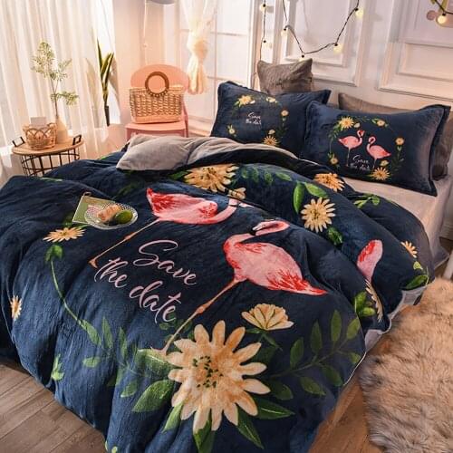 Flamingo Couple 4pcs Winter Flannel Bedding Set Duvet Cover Flat Sheet Pillowcase Kit Soft Warm Bedding Quilt Cover 200x230cm