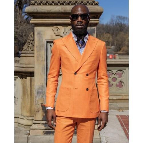 2021 Summer Orange Mens Suits 2 Piece Beach Groomsmen Wedding Tuxedos For Party Men Formal Prom Suit (Jacket+Pants)