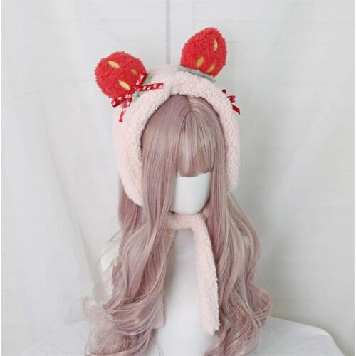 Lolita Cute Plush Strawberry Ear Cap Girl Earmuffs Autumn Winter Lovely Bowknot Warm Princess Hat B1645