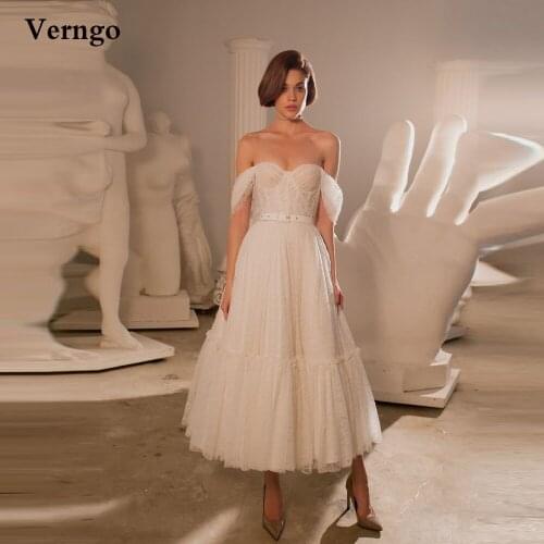 Verngo 2021 Off the Shoulder Lace A Line Wedding Dresses Sweetheart Short Sleeves Tea Length Elegant Bridal Gowns Corset X-Back