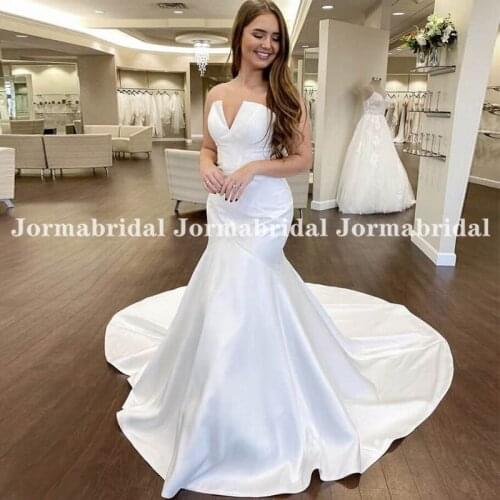 2021 White Satin Wedding Dress Mermaid Small V-Neck Women Long Court Train Bridal Dresses See Through Back Vestidos De Novia