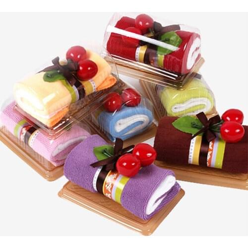 50sets/lot hotsale Swiss Roll Towel Lovely Mini Cake shape Towel Microfiber fabric Kids Hand Towel Face Towel Party Gifts