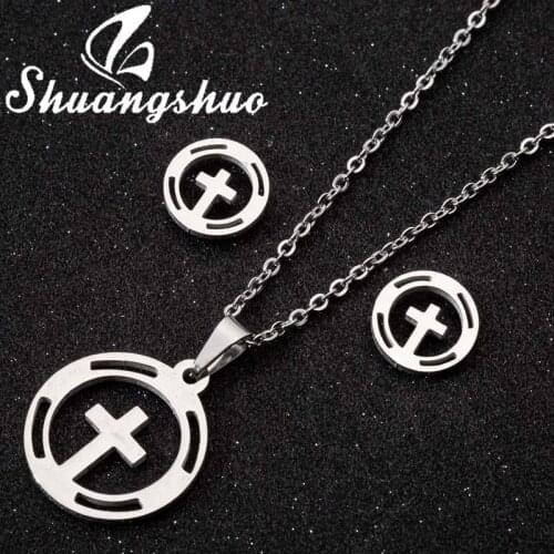 Shuangshuo Simple Creative Hollow Cross Pendant Necklace Earrings for Women Men Geometric Cross Jewelry Sets Christmas Gift