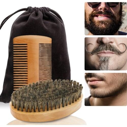 High Quality Soft Boar Bristle Wood Beard Brush Hairdresser Shaving Tool Men Mustache Comb Kit With Gift Bag Beard Hair Comb Set