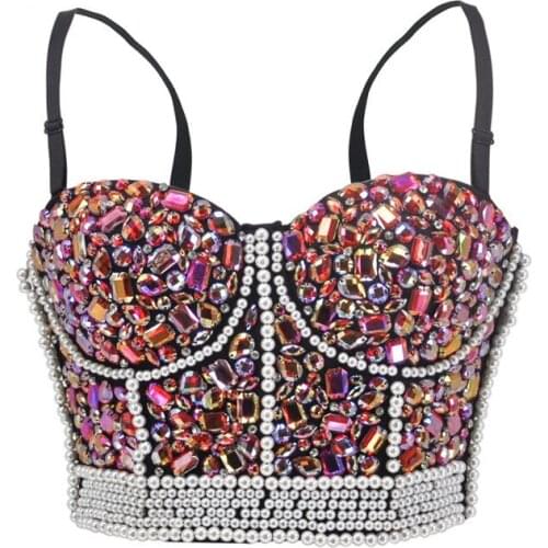 Sexy Pink Diamond Crystal Beaded Pearl Strapless Push Up Bra Top Party Night Clubwear Bras For Women Burlesque Rave Bralette