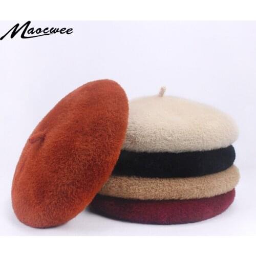 Lady Solid Color Black Mink Cashmere Beret Spring Autumn Women Flat Cap Knit Wool Crochet Girls Fashion British Style Hat Cap