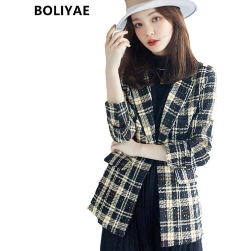 Boliyae 2021 Autumn and Winter Suit Coat Women Fashion V-neck Tweed Plaid Jacket Female Casual Long Sleeve Blazer Casual Tops