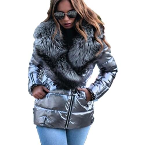 2021 New Autumn Winter Down Cotton Coat Women Black Silver Gray Plus Size 5XL Fur Collar Glossy Fashion Thick Warm Parkas N1109