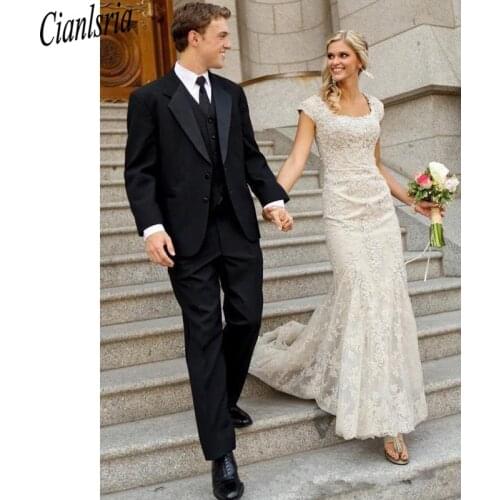 Modest Country Style Mermaid Wedding Dresses Cap Sleeves Scoop Neck Applique Wedding Dress Bridal Gowns Vestidos de noiva