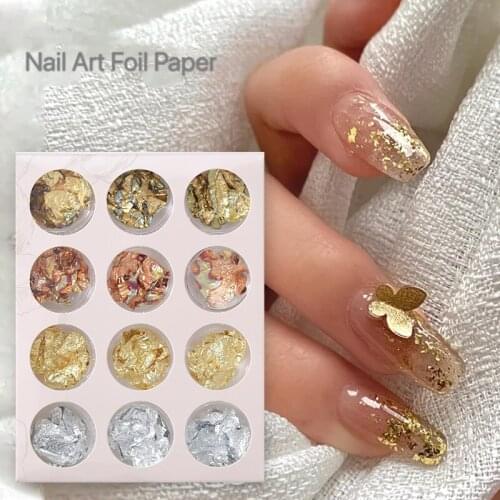 12Box/Set Gold Silver Irregular Nail Art Foil Paper Nail Art Sticker 3D Glitter DIY Manicure UV Gel Polish Nail Decoration Tools