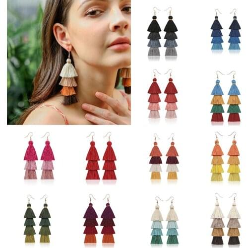 2021 Boho Ethnic Tassel Dangle Earrings For women Black Red Yellow Green Pink Long Cotton Drop Ear hook statement Jewelry