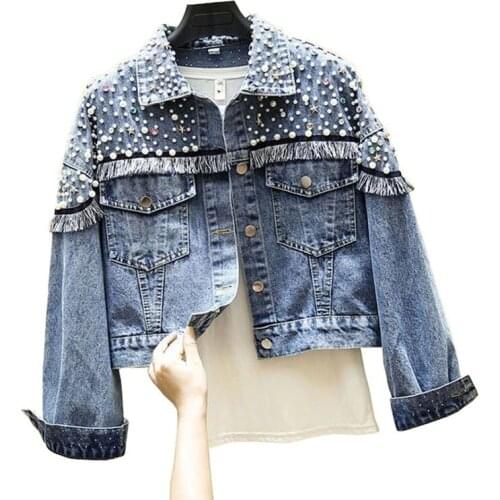 2021 New Autumn Heavy Industry Beaded Tassel Jean Jacket Female New Short Paragraph Denim Jacket Black Blue Casual Jeans Jackets