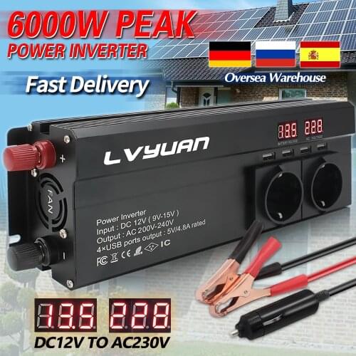 DC12V to 220V 6000W Peak EU socket Home/outing LED Display Modified sine wave with 4.8 A 4 USB 3 AC Sockets Car Adapter Inverter