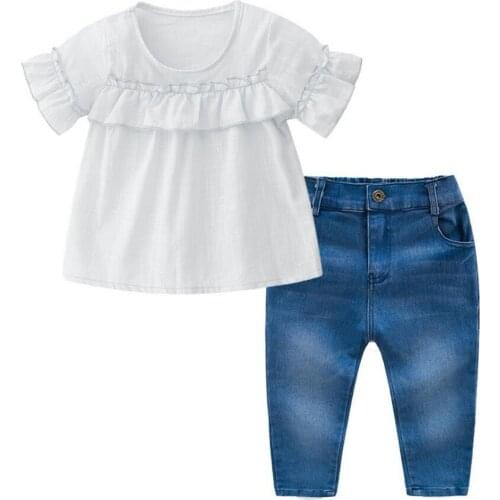 Butterfly Sleeve White Top T-Shirt Denim Blue Jeans 2 Pieces Sets 1-8Y Toddler Kid Baby Girls Clothes Long Pant Outfit Suit pink