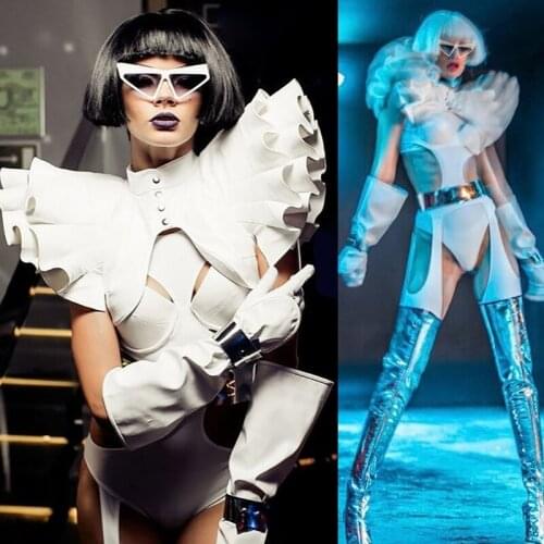 White Epaulettes Sexy Bodysuit Nightclub Bar Ds Gogo Dance Costumes Pole Dance Clothing For Women Festival Stage Wear DQS7210