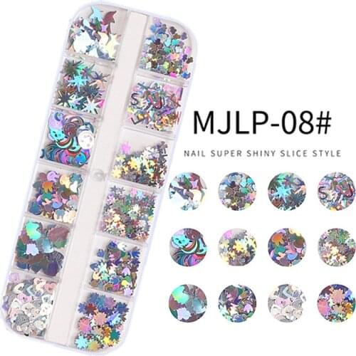 12 Grids Nail Glitter Sequins Irregular Mixed Geometry Flakes Paillette Tips Round Star Chrome Pigment DIY Nail Art Decoration