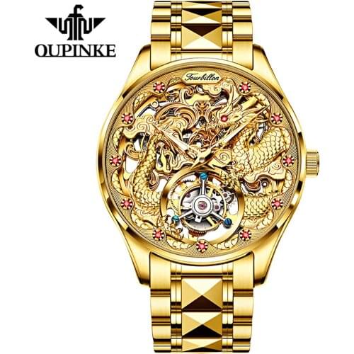 OUPINKE Mens Tourbillon Watch Business Sapphire Mirror Waterproof Luminous Dragon Design Wrist Watch Automatic Mechanical