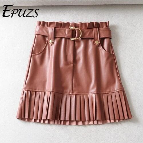 Elegant high waist pu leather skirt Sexy pocket belt mini office skirt women Streetwear Punk faux pleated skirt winter faldas